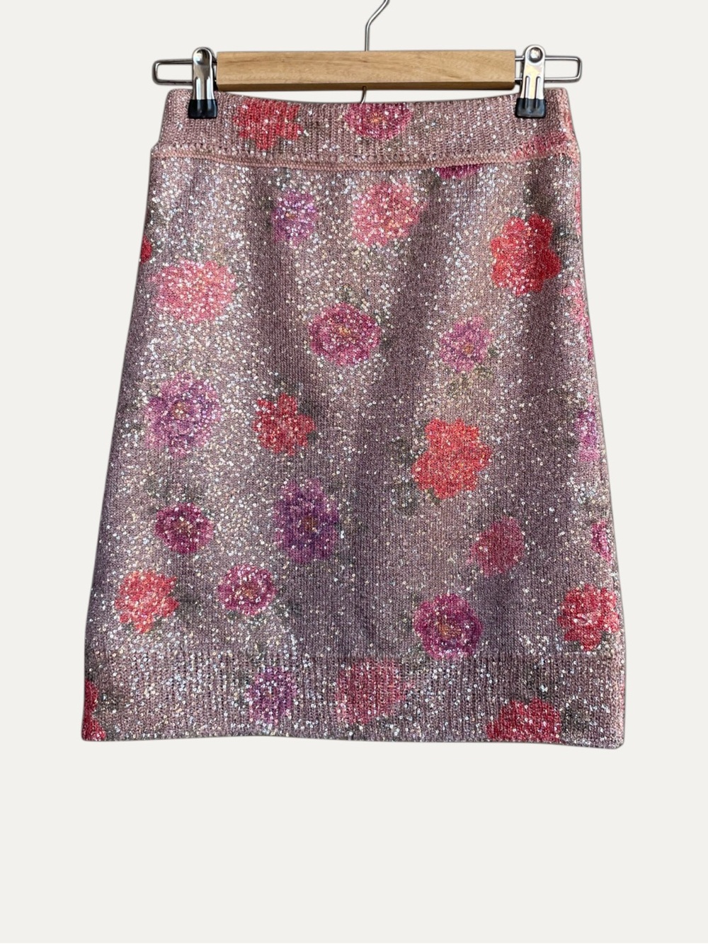 ROUJE Mauve Pink Purple Orange Floral Knit Sequin Pull On Naris Mini Tube Skirt